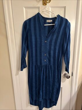 Anthropologie Navy Blue Striped Long-Sleeve Button Dress